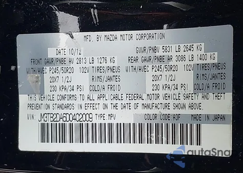 2013 Mazda Cx-9 Grand Touring z USA, uszkodzony, nr VIN JM3TB2DA6D0402009